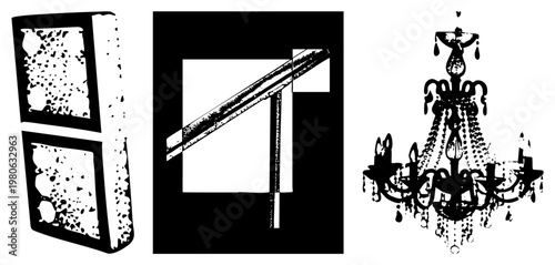 Ornate chandelier with dangling crystals, textured wall panel with speckled, metal rail with grainy halftone effect all isolated vector silhouettes.