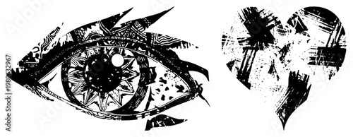 Ornate stylized eye with geometric, abstract heart with grunge texture, vector art, symbolic design elements, graphic motifs.