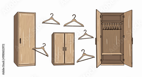 Wooden closets and multiple hangers displayed in various configurations on white background