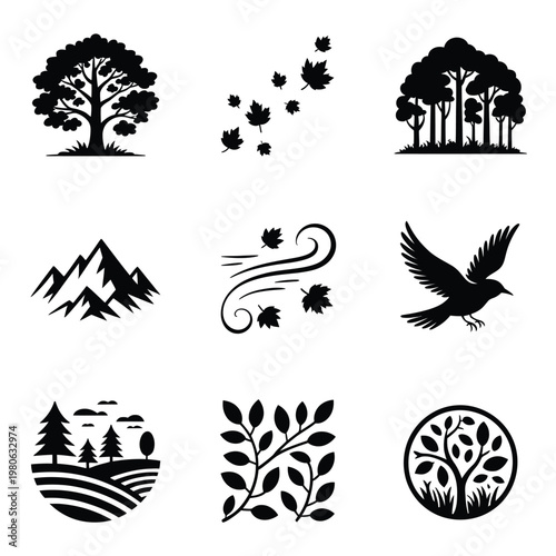 Autumn nature silhouettes, trees and falling leaves, mountain range, wind swirl, flying bird, river waves, garden icons, outdoor adventure vector