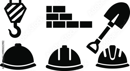 Construction tools safety glyph icons vector set for building industry work