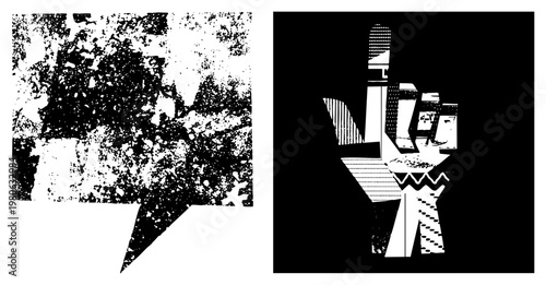 Stylized hand graphic with geometric shapes, halftone textures, bold, vector art, isolated design, graphic illustration, modern minimalism.