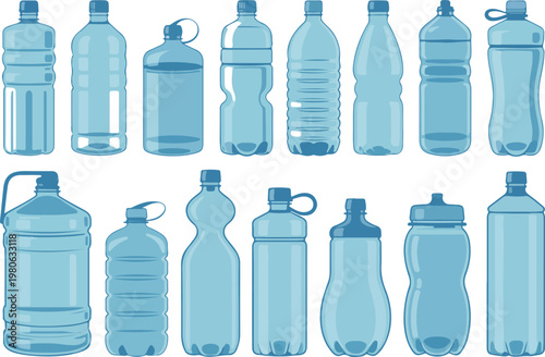 Bottled Refreshment Selection: A visually pleasing composition showcases a range of water bottles in various sizes and shapes, illustrating the essence of hydration and design.