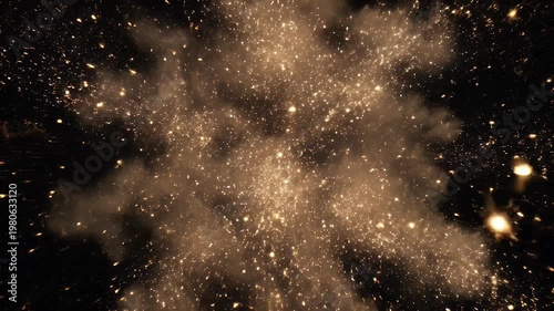 A mesmerizing circular formation of shimmering golden particles floats against a dark background, creating a captivating visual effect.