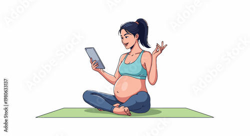 Pregnant woman in sportswear practices yoga on mat, using tablet for guidance