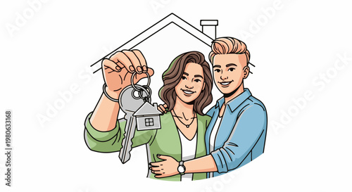 Couple proudly displays house keys in front of their new home