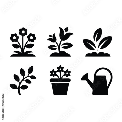 Garden plant silhouette set, potted flowers icons, watering can symbol, home gardening, nursery logo, spring yard care graphics vector collection