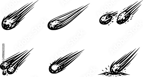 Atmospheric Meteor Entry Black and White Vector Icon Set