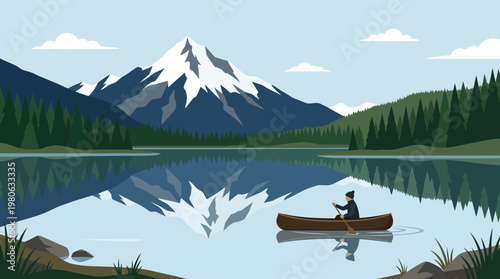 Person rowing canoe on calm lake reflecting snowy mountain peak in beautiful morning light flat vector illustration for travel