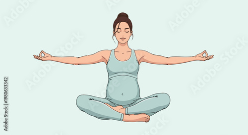 Pregnant woman meditating in lotus pose, serene expression, arms outstretched