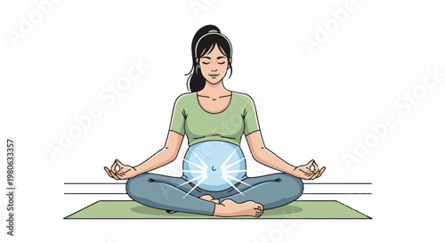 Pregnant woman meditating in lotus pose with glowing baby bump