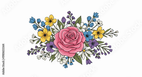 A vibrant bouquet of assorted wildflowers arranged with a prominent pink rose