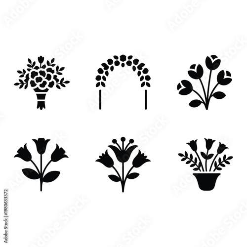 Floral arrangement silhouette set, bouquet icons, arch garland symbols, decorative blooms, wedding decor elements, event planner graphics collection templates