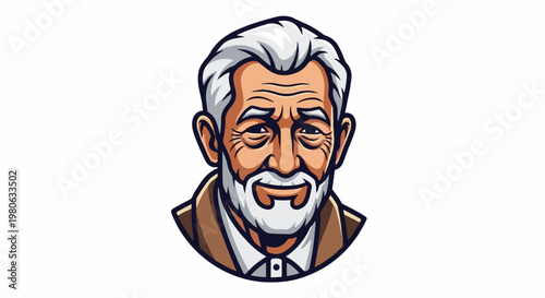 Stylized portrait of a smiling elderly man with gray hair and beard