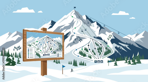 Ski resort trail map signpost with mountain slopes and chairlift infrastructure in winter landscape vector illustration