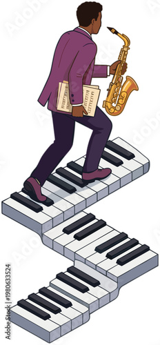Jazz musician walking up stairs made of piano keys with a saxophone and sheet music