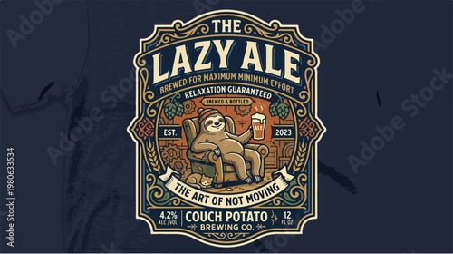The Lazy Ale Beer Label Design Featuring a Sloth Relaxing on a Couch.