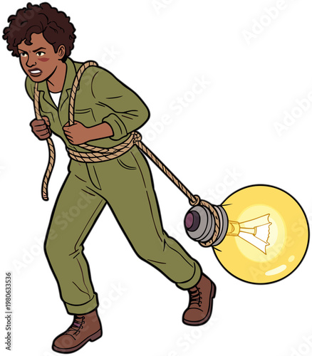 A man struggles with a rope tied around his body attached to a large light bulb.