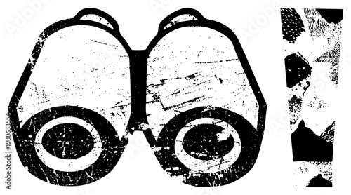 Old fashioned binoculars with weathered surface, gritty texture, halftone grain, isolated silhouette, scouting gear, field optics.