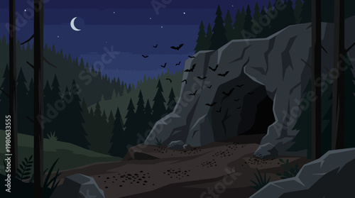 Dark cave entrance in a dense forest with bats flying out under a starry night sky illustration