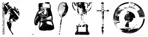 Classic boxing glove, tennis racket, trophy, sword, and circular game token rendered in halftone dot, vector graphic, isolated symbols, retro sports motifs.
