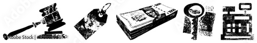 Distressed black and white symbols gavel, price tag, cash stack, key, cash register gritty textures, economic/legal themes, vector illustration.