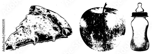 Black and white halftone style food cheesy pizza slice, ripe with stem, baby bottle with nipple. Vector art for design, print, or web use.