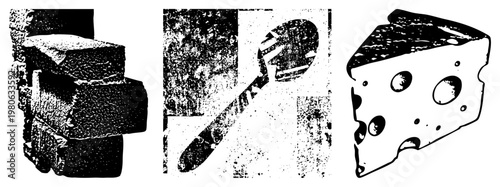 Vector art of stacked bricks, spoon, and cheese slice, isolated elements, halftone texture, graphic design assets.