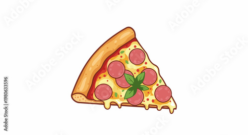 A stylized, cartoon-like slice of pepperoni pizza with melted cheese