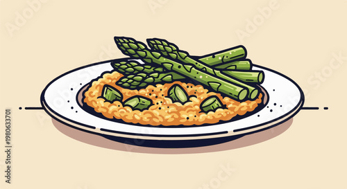 Artistic rendition of asparagus atop a grainy dish on a white plate
