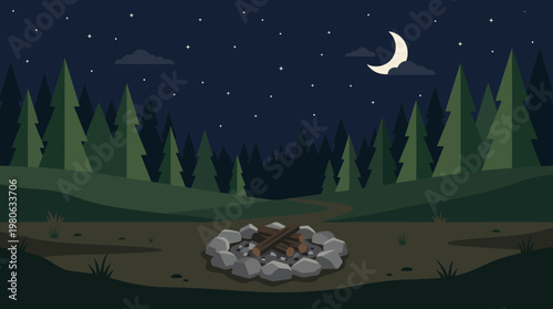 Stone campfire pit with unlit logs in a forest clearing under a starry night sky illustration