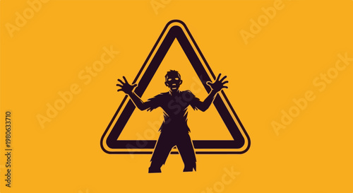 Silhouette of a scary zombie figure within a warning triangle on an orange background