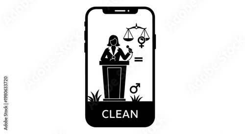 Gender equality and law represented by a woman speaker icon on smartphone screen.