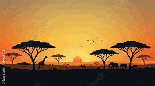 Peaceful African savanna sunset with giraffes and elephants in silhouette under acacia trees vector illustration for travel