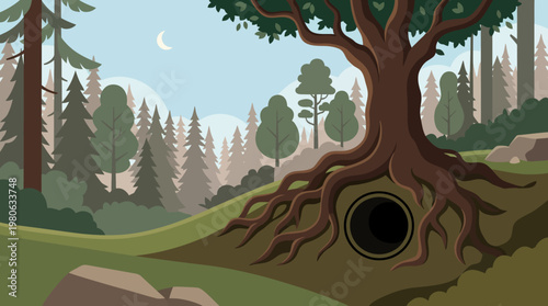 Ancient tree with exposed roots and a mysterious dark hollow entrance in an evening forest landscape