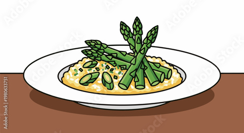 A delicious dish of creamy risotto topped with vibrant green asparagus