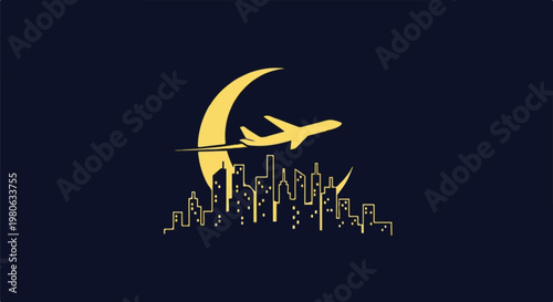 Yellow airplane flies past crescent moon and city skyline at night