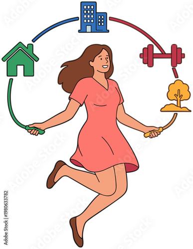 Woman jumping rope with symbols for home, building, and fitness.