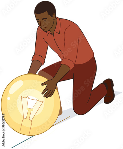Man kneels down next to a large lightbulb on the ground