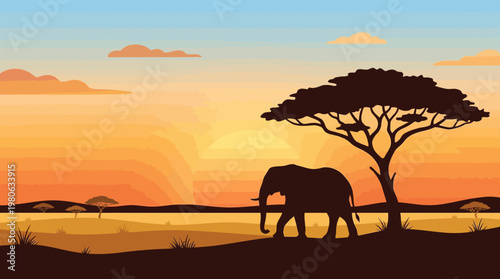 African elephant standing near acacia tree in vast savanna under colorful sunset sky vector art illustration for wild nature theme