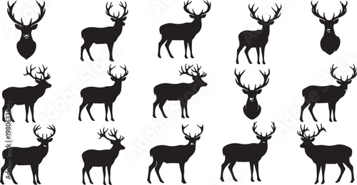 Deer Silhouettes in Various Poses on White Background Illustration