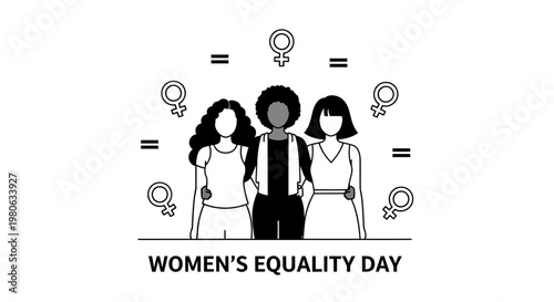 Diverse group of women standing together celebrating Womens Equality Day illustration.
