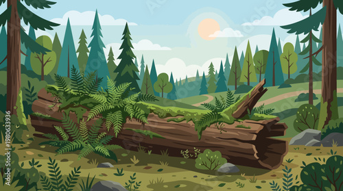 Moss-covered fallen log surrounded by lush ferns in a sunlit forest with tall pine trees