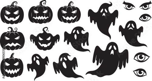 Halloween icons including pumpkins ghosts and eyes on white