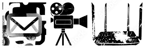 Retro film camera on, email envelope, wireless router with antennas, distressed halftone textures, digital communication symbols, tech &.