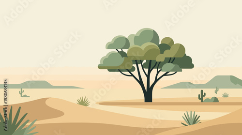 Stylized acacia tree in a vast desert landscape with rolling hills