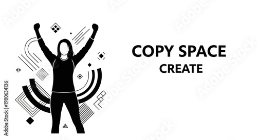 Silhouette of a triumphant woman with raised arms and geometric design elements.