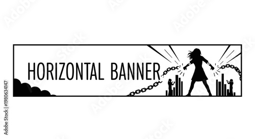 Silhouette of a powerful woman breaking chains in a modern urban city skyline.