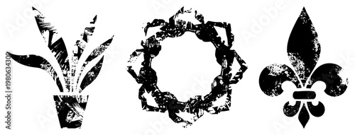 Distressed graphic symbols including potted plant, circular wreath, and fleur de lis emblem. Retro textured vector with worn effect, ideal for vintage design or use.