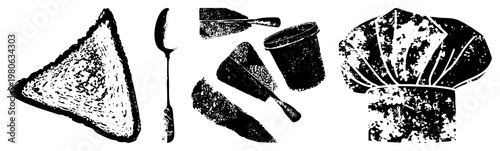 Black and white halftone illustrations of toast, spoon, knife, bucket, and chef hat, classic kitchen, culinary tools, retro graphic design.